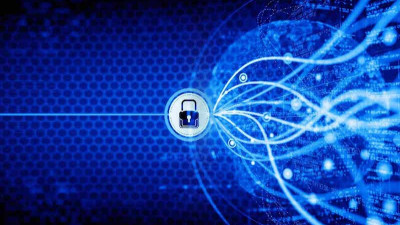 Lock with keyhole on blue abstract background